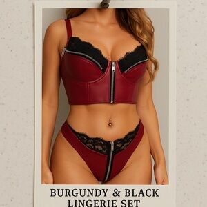 Burgundy & Black Faux Leather Lingerie Set (M)